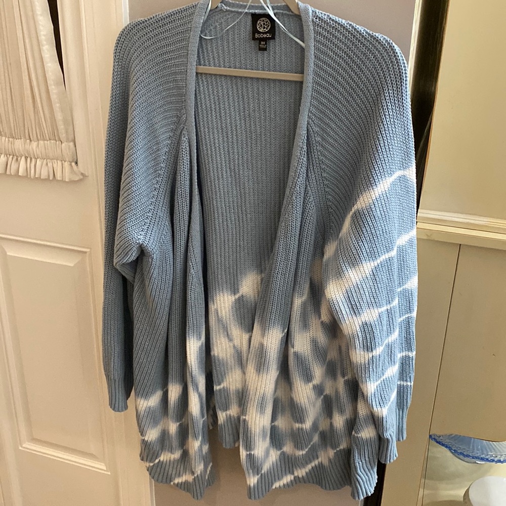 Plus Size 3X Bobeau Open Front Cardigan NWOT Cotton Blue & White Tie Dye Look